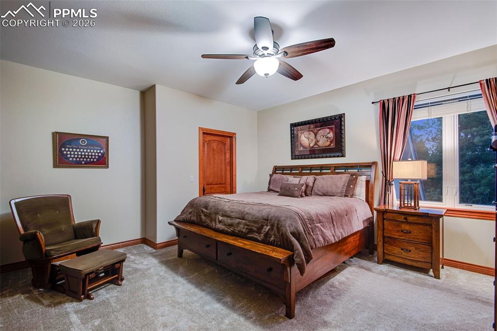 16075 Winding Trail Road Colorado Springs, CO 80908 - Photo 24 of 42 a spacious bedroom with a bed and a chandelier