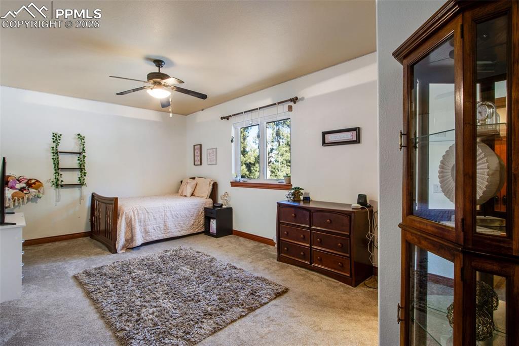 16075 Winding Trail Road Colorado Springs, CO 80908 - Photo 25 of 42 a bedroom with a bed and a chandelier