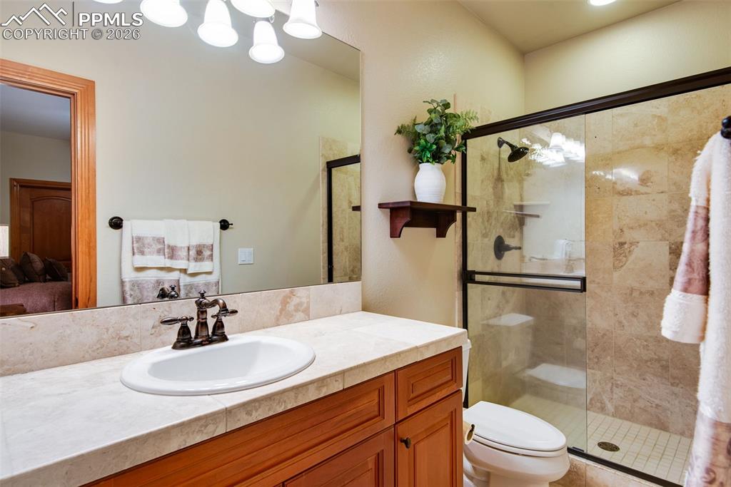 16075 Winding Trail Road Colorado Springs, CO 80908 - Photo 27 of 42 a bathroom with a sink a toilet and shower