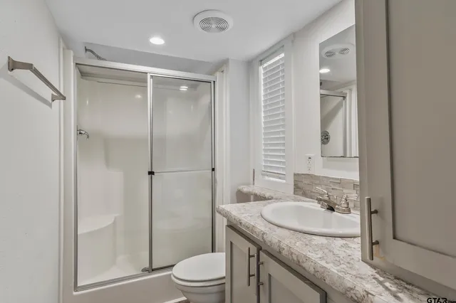 a bathroom with a granite countertop sink toilet and shower