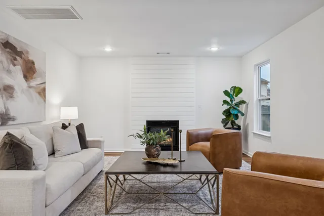 a living room with furniture potted plant and a fireplace