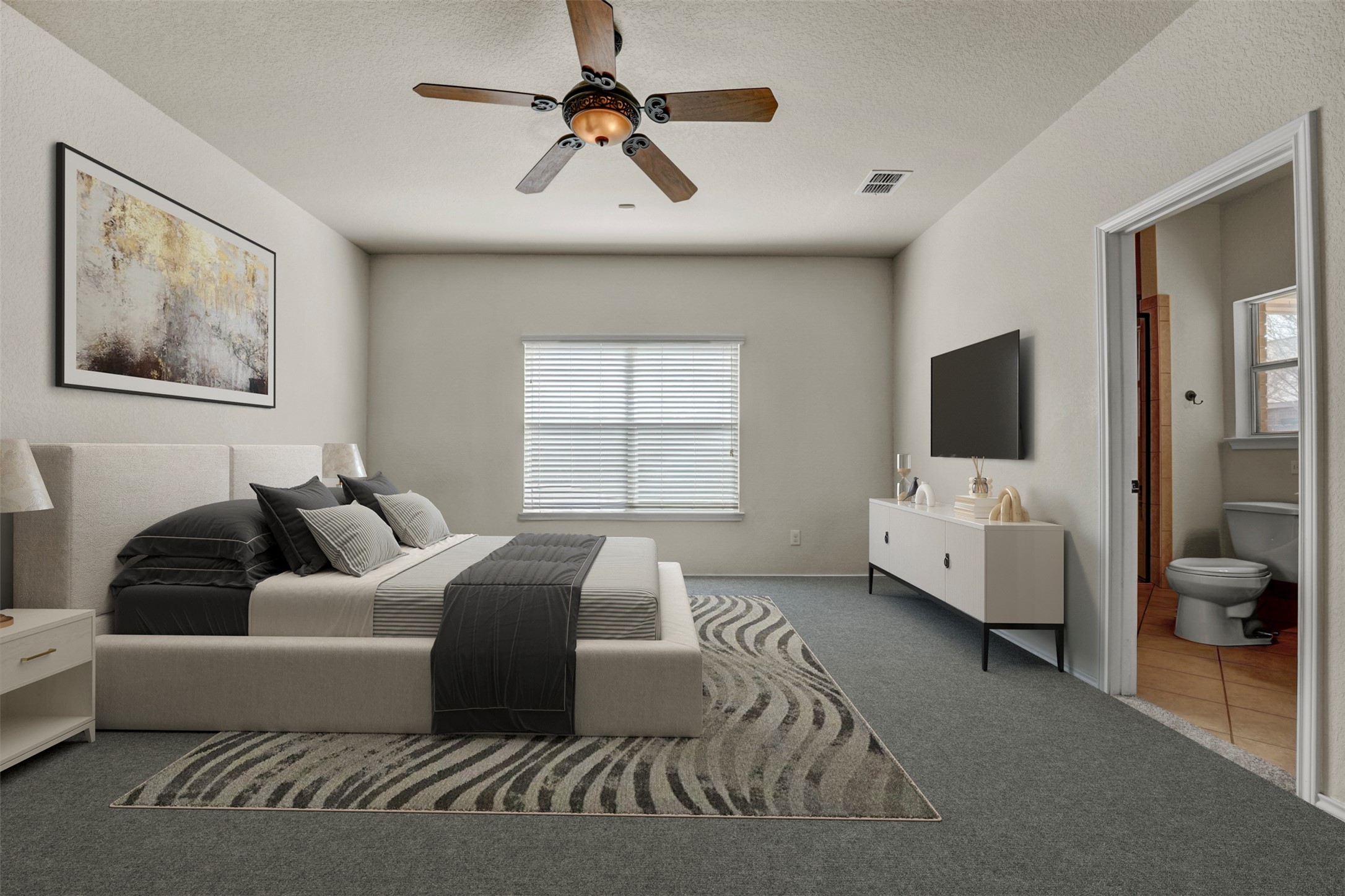10506 Corvey Lane Helotes, TX 78023 - Photo 12 of 28 Bedroom with light carpet, a textured ceiling, and ceiling fan
"Virtually staged"