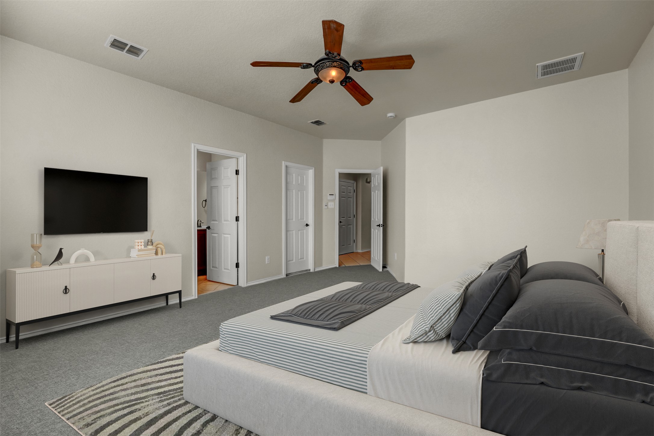 10506 Corvey Lane Helotes, TX 78023 - Photo 13 of 28 Bedroom with ceiling fan and light carpet
"Virtually staged"