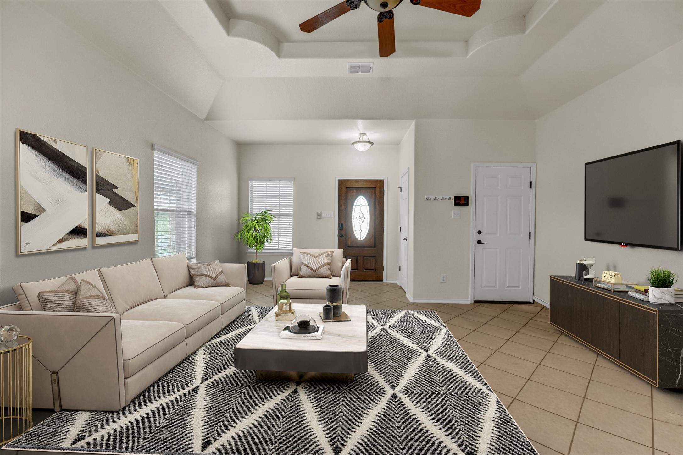 10506 Corvey Lane Helotes, TX 78023 - Photo 5 of 28 Living room featuring light tile patterned floors, a ceiling fan, and a tray ceiling
"Virtually staged"