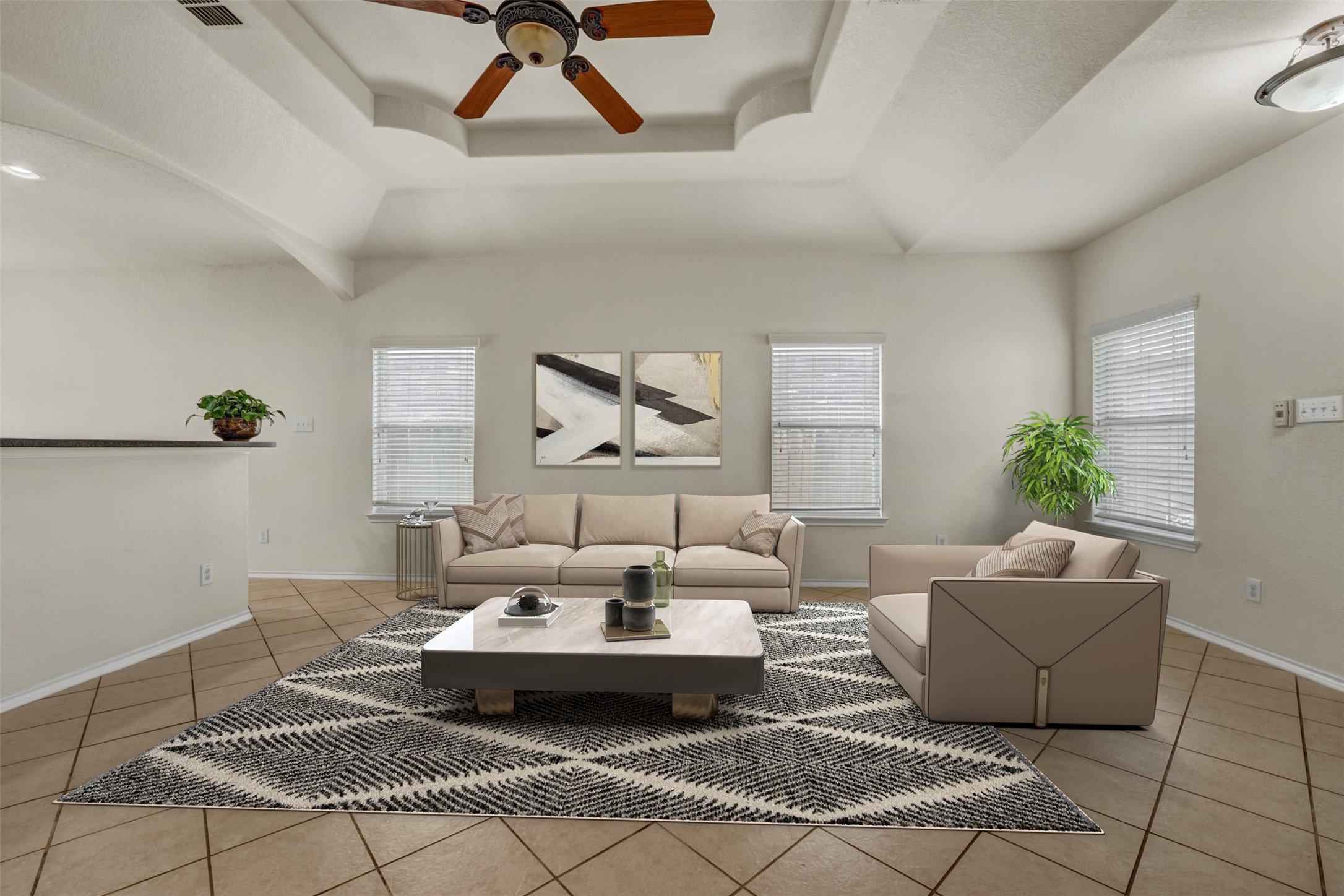10506 Corvey Lane Helotes, TX 78023 - Photo 7 of 28 Living area with a ceiling fan, healthy amount of natural light, and light tile patterned flooring
"Virtually staged"