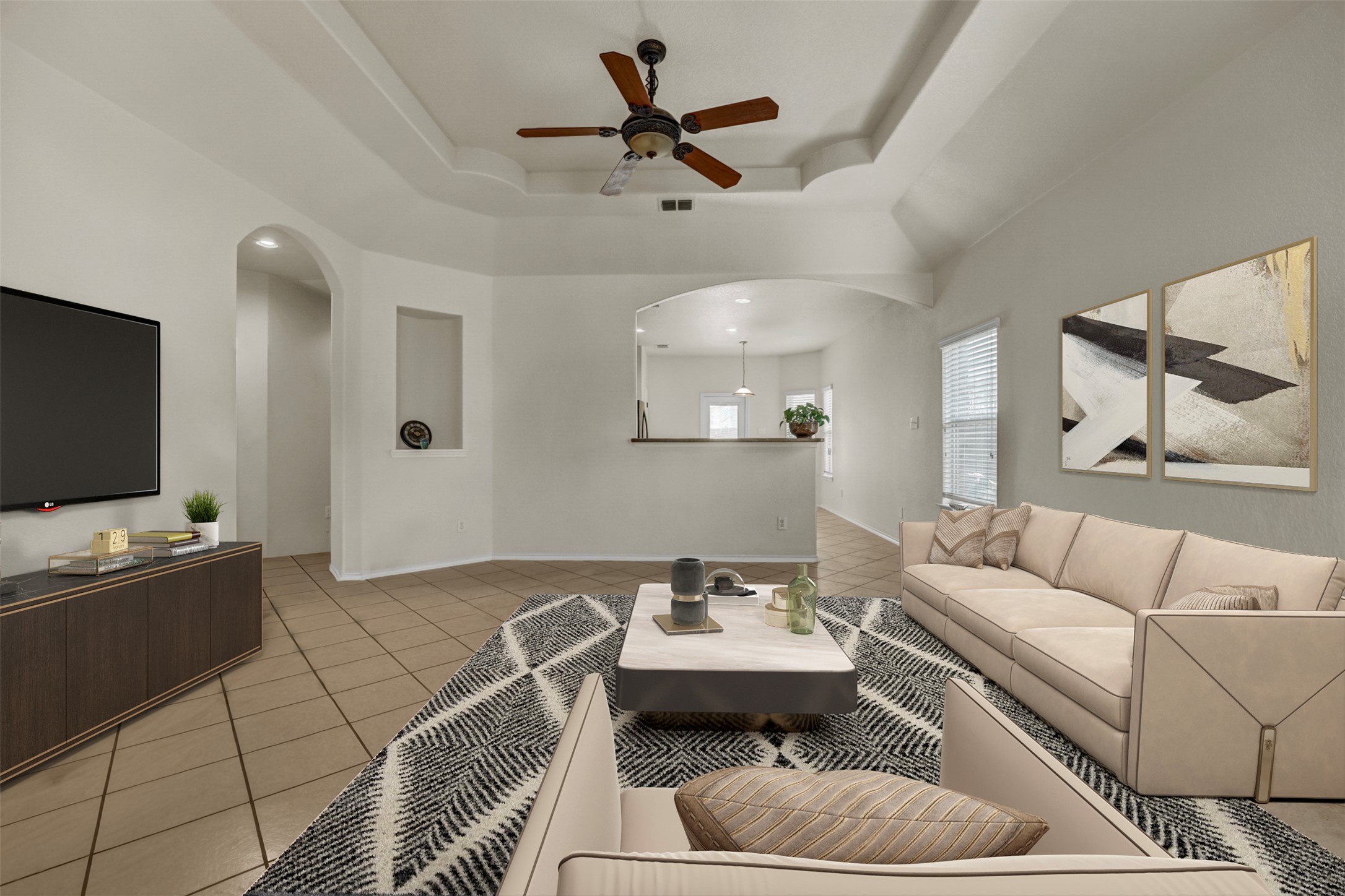 10506 Corvey Lane Helotes, TX 78023 - Photo 8 of 28 Living area with light tile patterned floors, a ceiling fan, recessed lighting, and arched walkways
"Virtually staged"