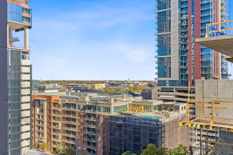a city view with tall buildings