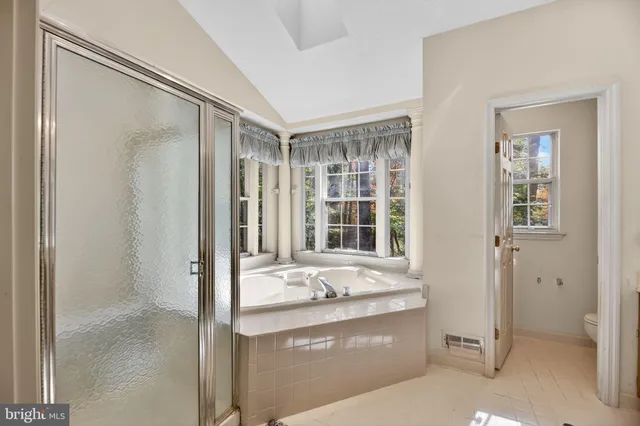 a bathroom with a granite countertop sink and shower