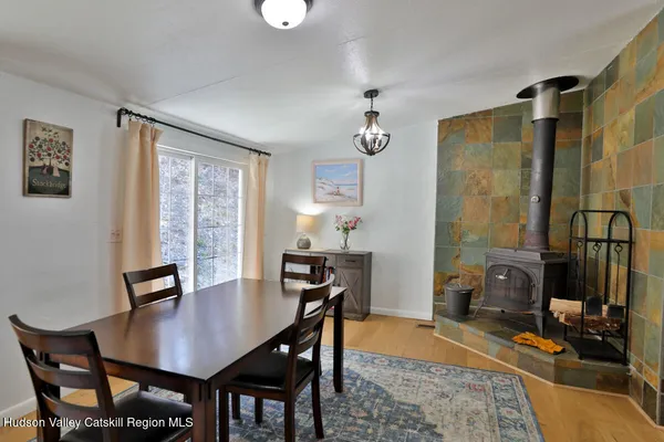 a view of a dining room with furniture
