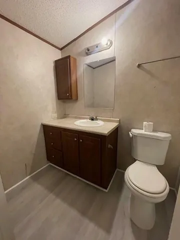 a bathroom with a toilet sink vanity and mirror