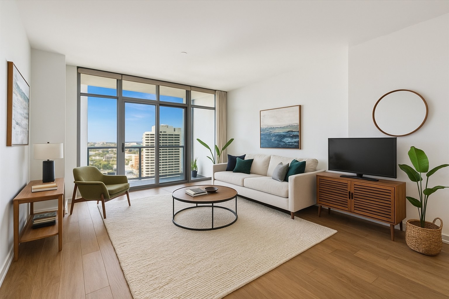 1235 South Prairie Avenue, Unit 2506 Chicago, IL 60605 - Photo 4 of 32 a living room with furniture a flat screen tv and a large window