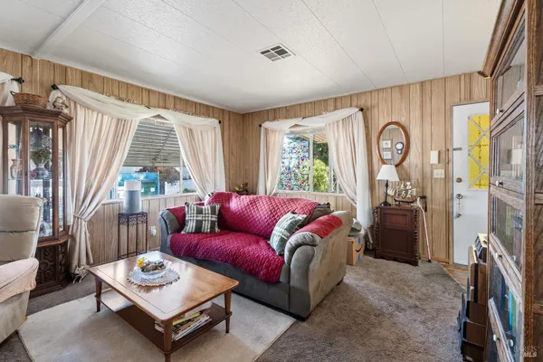 a living room with furniture a rug and a window