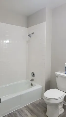 a bathroom with a toilet and a bath tub