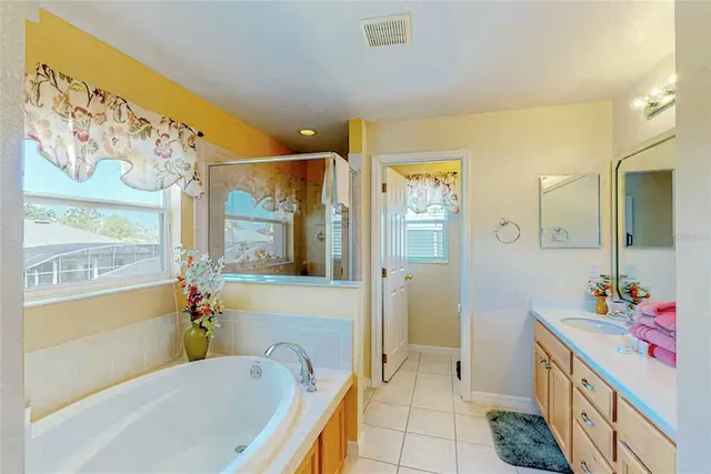 a bathroom with a tub a sink and a large mirror