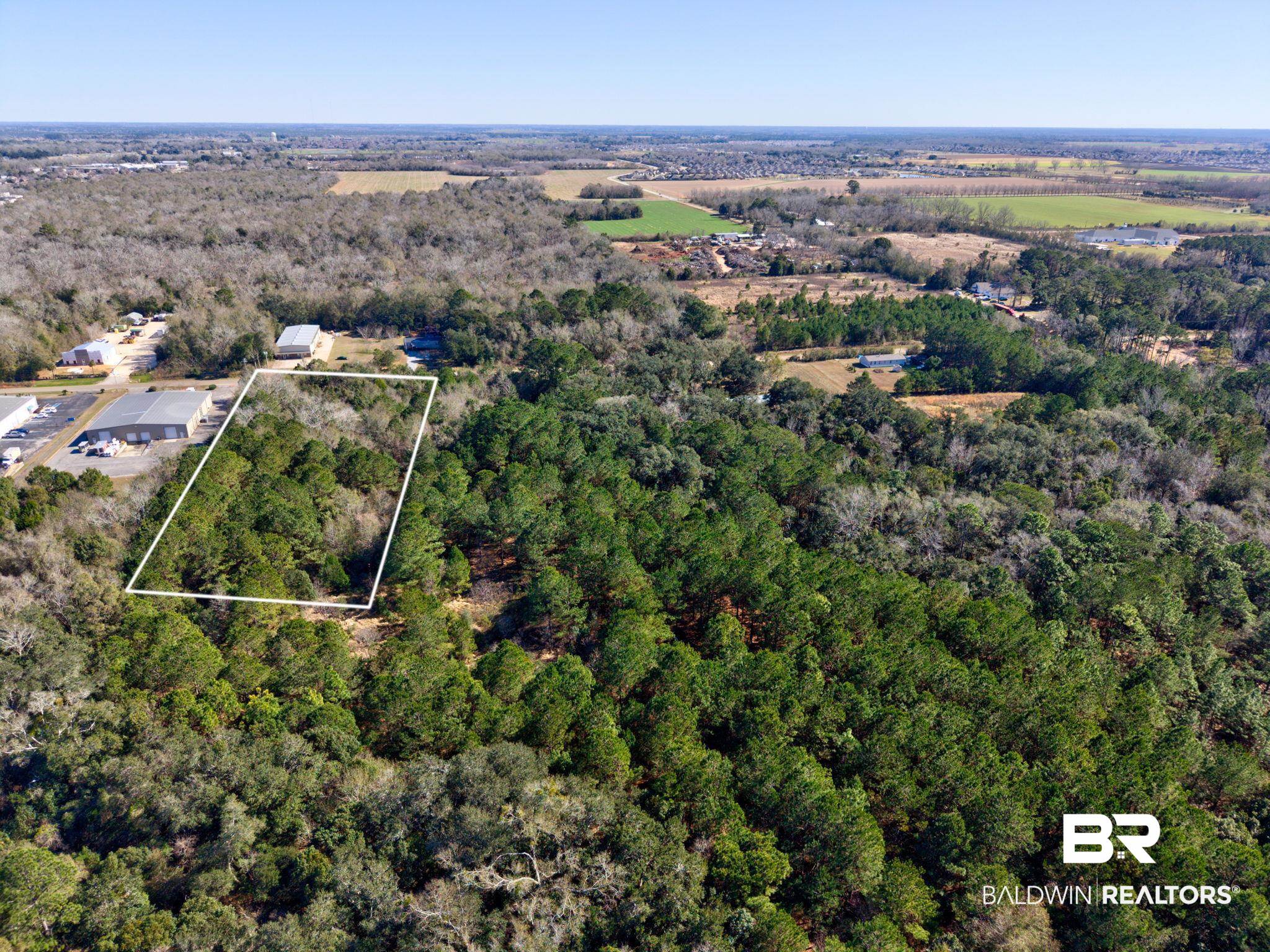 25280 Friendship Road Daphne, AL 36526 - Photo 10 of 34 Aerial overview of property's location featuring a heavily wooded area and property boundaries highlighted