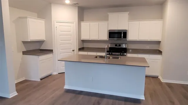 a kitchen with appliances a sink and cabinets