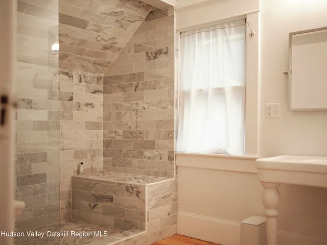 a bathroom with a shower and a toilet