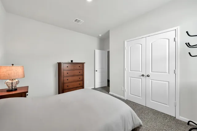 a bedroom with a bed and a closet