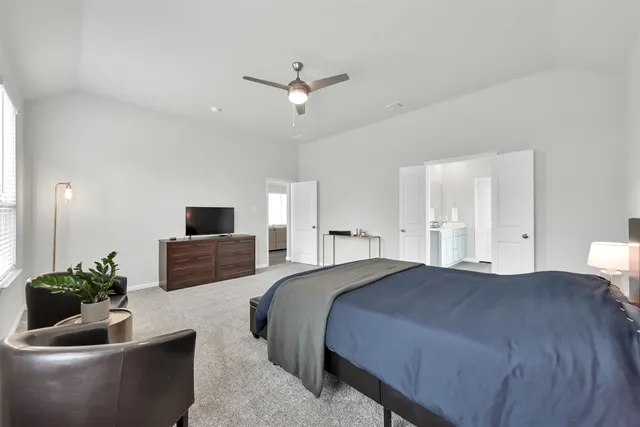 a bedroom with a bed a couch and a potted plant