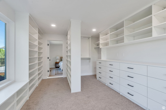 3813 North Foothill Drive Provo, UT 84604 - Photo 22 of 71 Spacious custom closet featuring extensive built-in shelving, integrated dresser drawers with black hardware, recessed lighting, and a neutral carpeted floor