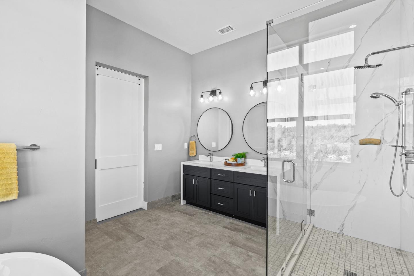 50 Indy Circle Soquel, CA 95073 - Photo 30 of 71 a bathroom with a granite countertop sink mirror vanity and a shower
