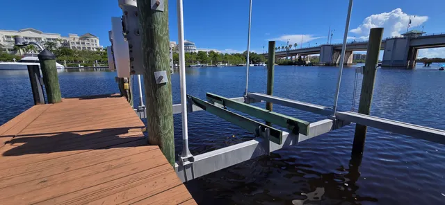 a view of a lake with tall building