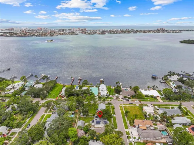 a view of a lake with a city