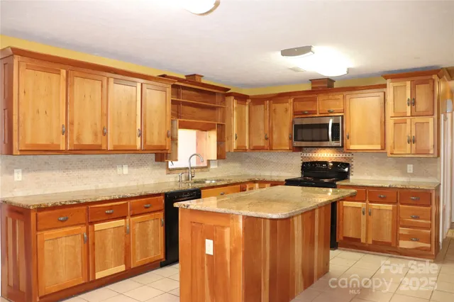 a kitchen with stainless steel appliances granite countertop a stove a sink dishwasher and a microwave oven with cabinets