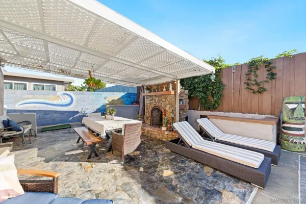 a building outdoor space with patio furniture