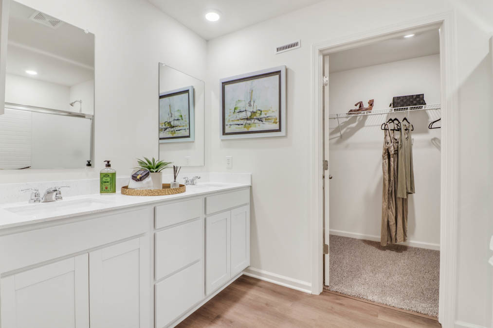 1241 Acadia Circle Pingree Grove, IL 60140 - Photo 21 of 43 a bathroom with a double vanity sink a mirror and a shower