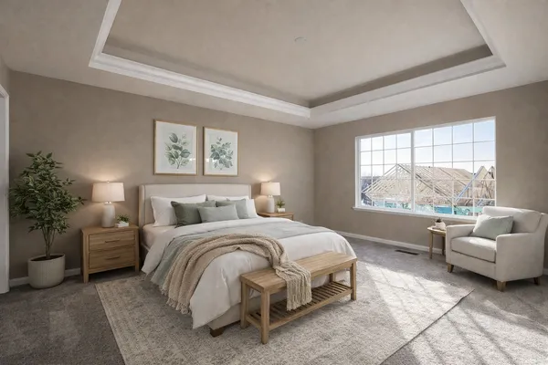 a bedroom with a bed and a large window