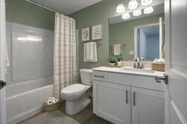 a bathroom with a sink a toilet a large mirror and shower