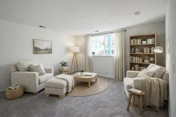 a living room with furniture and a book shelf