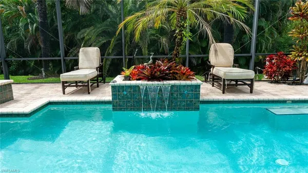 a garden view with a seating space