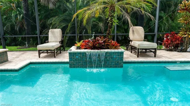 a garden view with a seating space