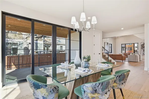 a view of a dining room with furniture wooden floor and chandelier