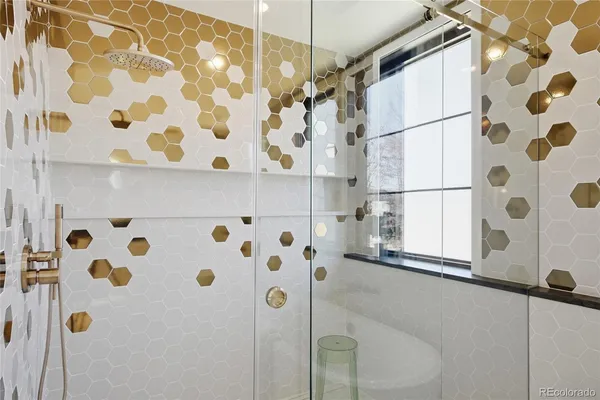 a bathroom with a shower curtain