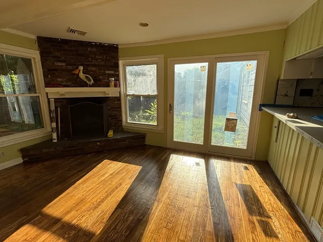 a view of a fireplace in the room