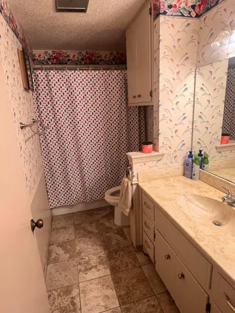 a bathroom with a sink toilet and shower