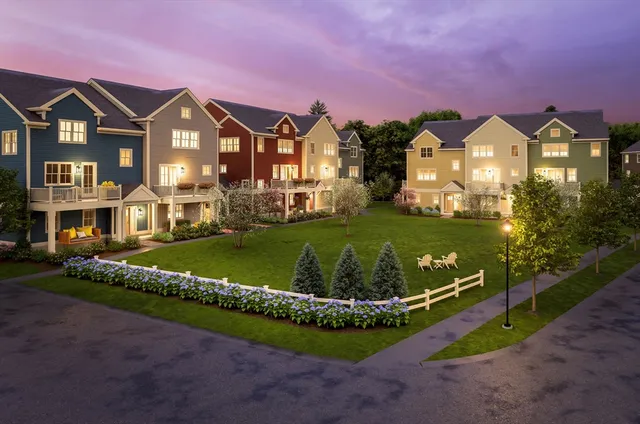 a view of a big house with a big yard and potted plants