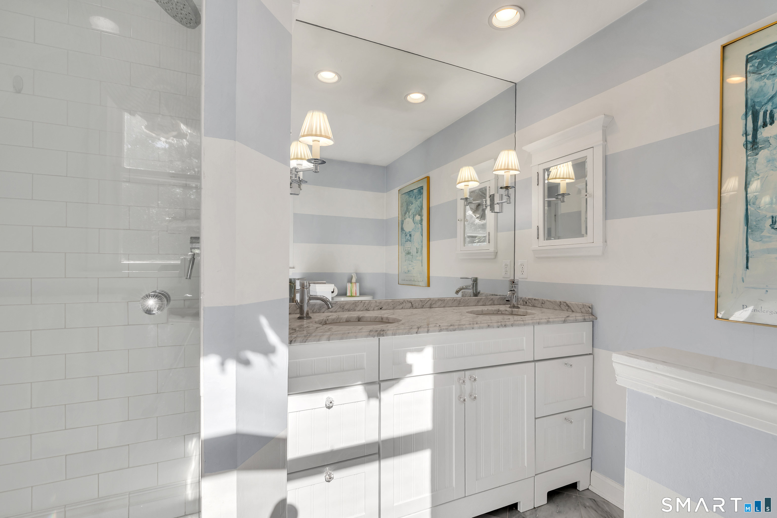 51 Country Way Madison, CT 06443 - Photo 23 of 34 Custom Glass Shower door, marble, and bespoke sconces