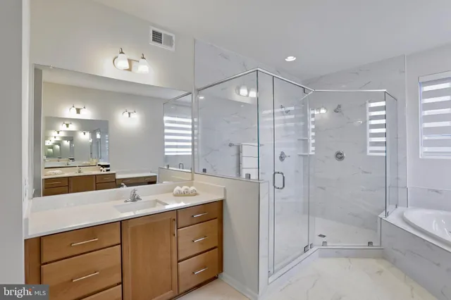 a bathroom with a shower tub double vanity sink and mirror
