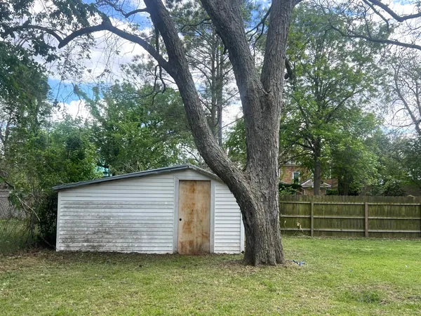 a view of a yard with large trees
