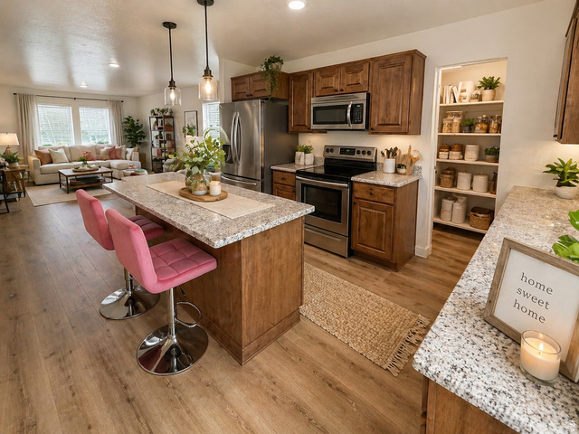 3831 South Powderwood Lane, Unit 111 Mapleton, UT 84664 - Photo 3 of 12 Open-concept kitchen featuring wood-finish flooring, a granite-topped island with pendant lighting, stainless steel appliances, wood cabinetry, and a walk-in pantry with shelving