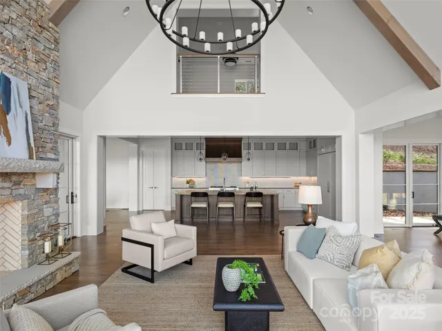 a living room with furniture a fireplace and wall paintings