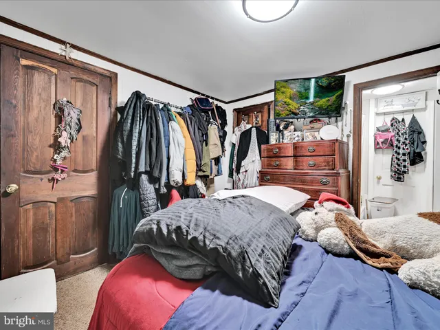 a bedroom with a bed and a closet