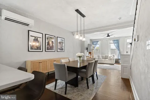 a view of a dining room with furniture