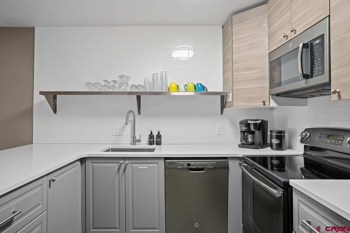 20 Hunter Hill Road, Unit 202 Crested Butte, CO 81225 - Photo 7 of 25 a kitchen with stainless steel appliances a sink a stove and cabinets