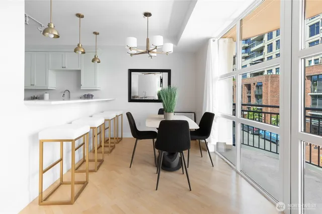 a view of a dining room with furniture