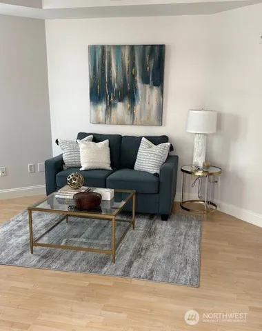 a living room with furniture and a rug